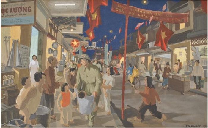 “Hà Nội đêm giải phóng” - tranh bột màu của Lê Thanh Đức, 1954
