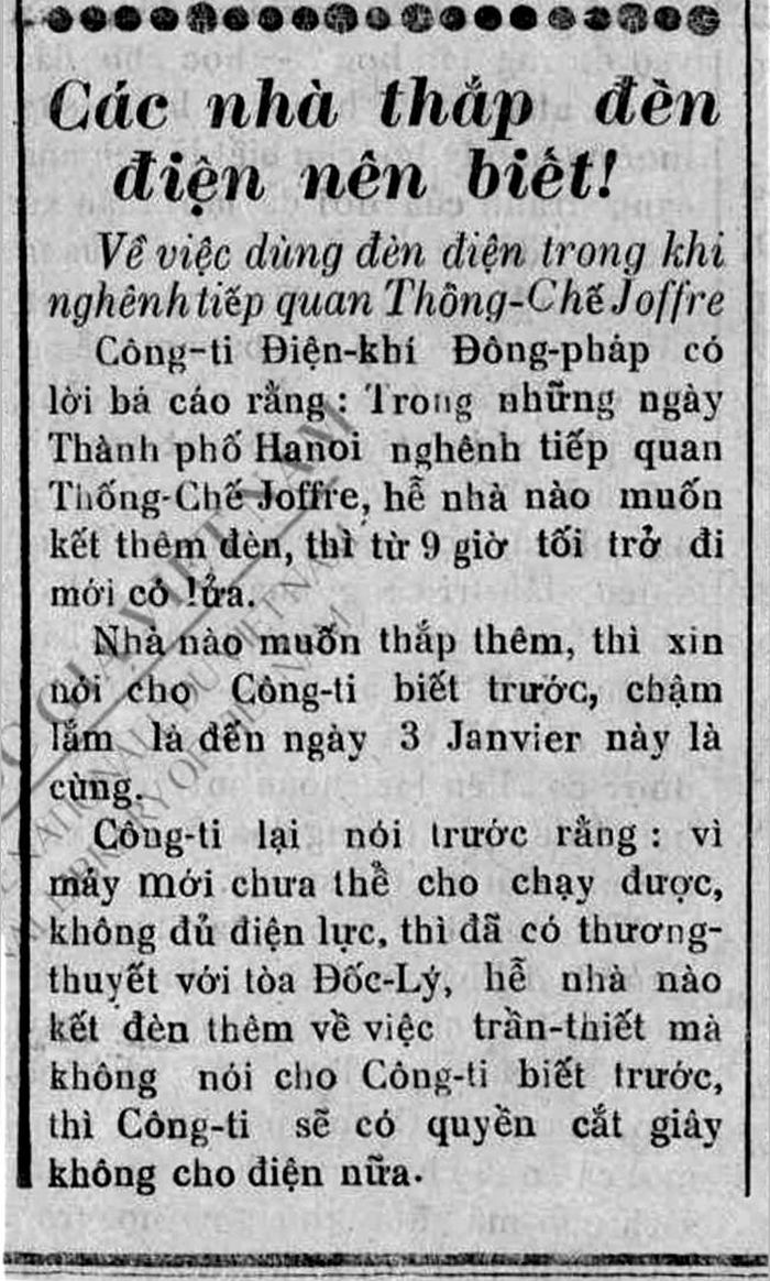 Thông báo về đăng ký thắp đèn điện ở Hà Nội, (Khai hóa nhật báo, 20/12/1921)