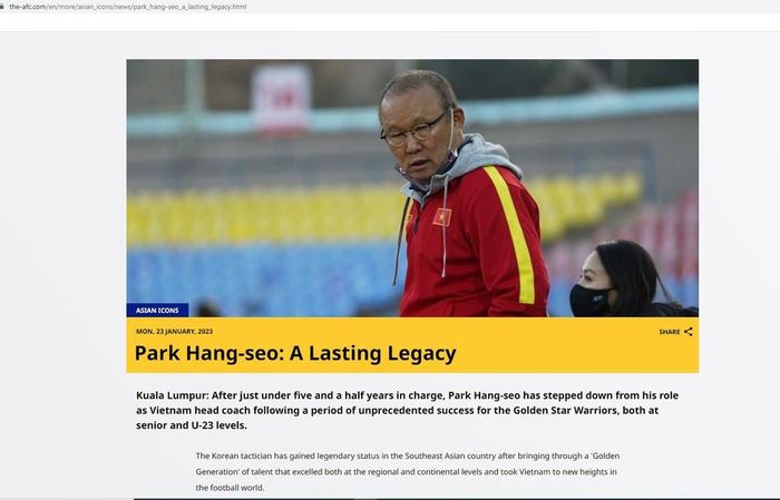 Bài viết về HLV Park Hang Seo trên trang chủ của AFC.