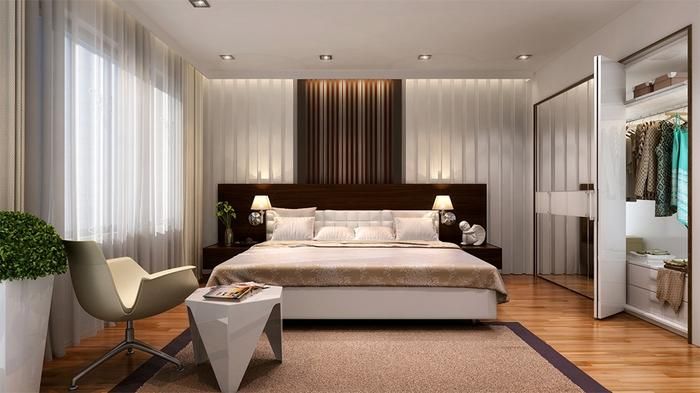 Phòng ngủ lớn với gam màu phù hợp với người mệnh Thổ.
