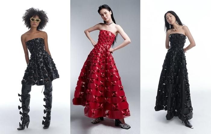 3 chiếc váy với độ dài - ngắn và màu sắc khác nhau này là các sáng tạo của Das La Vie. Những chiếc nơ được xử lý khéo léo trên chất liệu da PU là điểm nhấn đặc biệt của mẫu thiết kế, song lại khá kén người mặc cũng bởi chính lối thiết kế độc đáo này