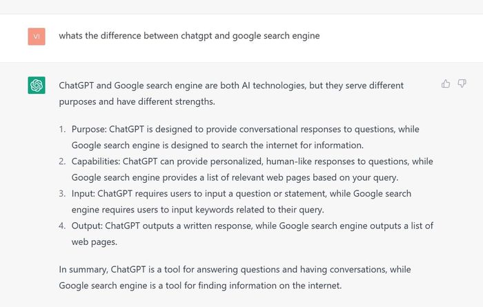 ChatGPT tự so sánh mình với Google Search Engine, tự nhận mình là công cụ đối thoại thay vì cung cấp thông tin. Ảnh: HN. 