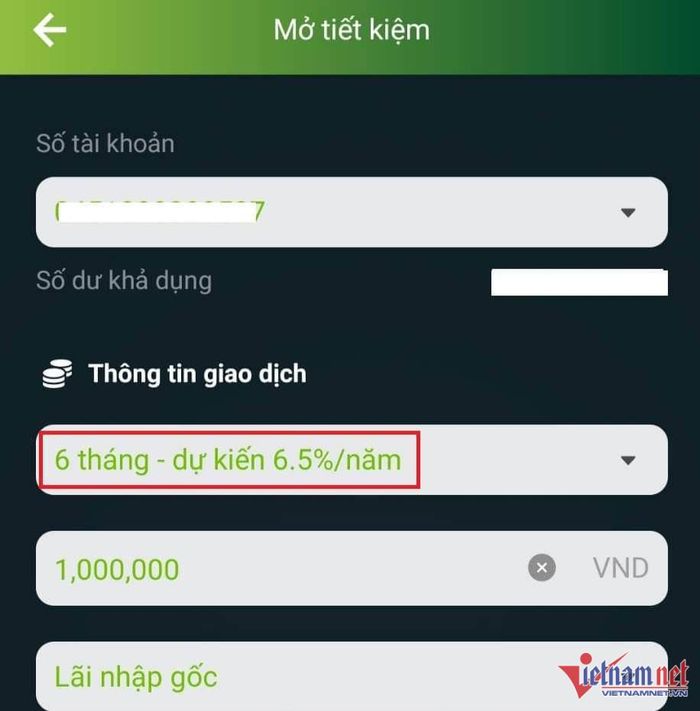 Lãi suất tiết kiệm online kỳ hạn 6 tháng tại Vietcombank, ngày 2/2.