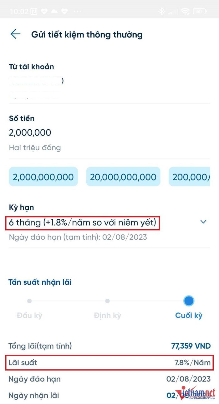 Lãi suất tiết kiệm online kỳ hạn 06 tháng tại VietinBank, ngày 2/2.