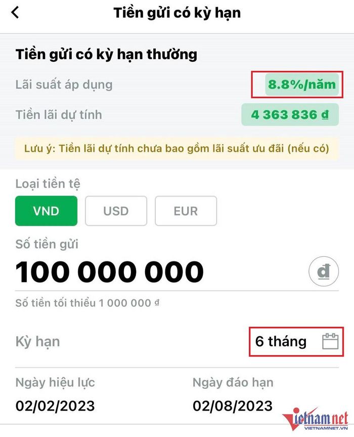 8,8% là mức lãi suất phổ biến hiện nay đối với tiền gửi tiết kiệm kỳ hạn 6 tháng tại các ngân hàng thương mại cổ phần.