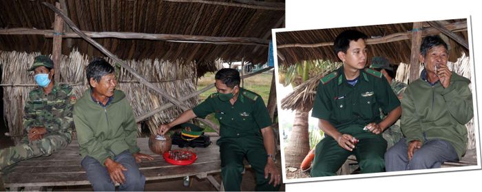 Cán bộ, chiến sỹ Đồn Biên phòng Phú Mỹ (Kiên Giang) đến thăm, động viên ông Lý Văn Nhợi, ngụ ấp Trà Phô, xã Phú Mỹ.