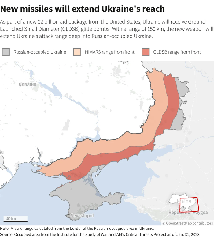 Tầm bắn của rocket GLSDB so với đạn rocket thông thường của HIMARS. (Ảnh: Reuters)
