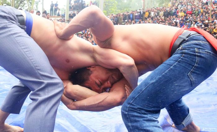 Sới vật Lễ hội Đền Vua Mai luôn tập trung những người vật hay, vật giỏi trong huyện đổ về tham gia, do đó sới vật năm nào cũng kịch tính, hấp dẫn, nhiều pha vật giằng co quyết liệt, bất phân thắng bại sau các hiệp đấu. Ảnh: Huy Thư