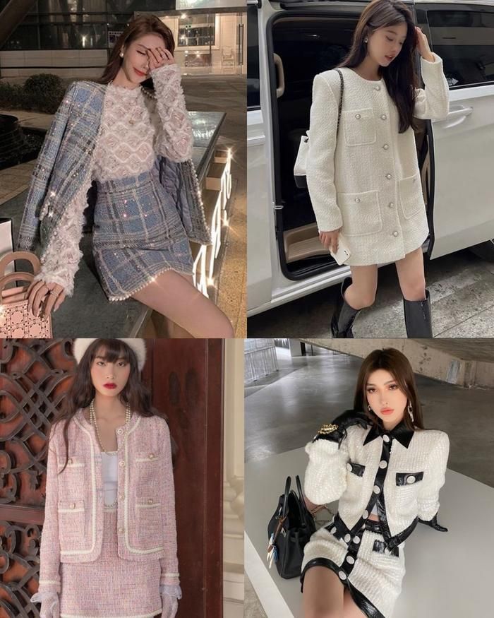 Dạ tweed là chất liệu đặc trưng trong tủ đồ của hội con gái thích sự nữ tính. Chất vải này đem đến sự sang chảnh, tinh tế, thể hiện nét đẹp dịu dàng thục nữ. Những set áo dáng lửng + chân váy ngắn, váy liền, áo khoác dạ tweed... dễ dàng hợp với nhiều vóc dáng khác nhau, tha hồ cho các bạn nữ lựa chọn
