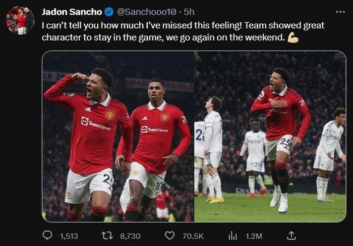 Trên mạng xã hội, Sancho chia sẻ rằng bản thân nhớ việc ra sân và ghi bàn cho MU. Ảnh: Twitter.