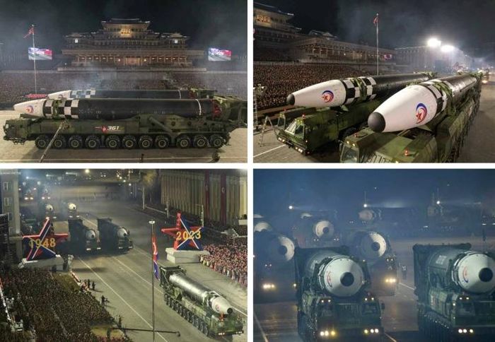 Đội hình gồm 11 hệ thống tên lửa Hwasong-17 tham gia duyệt binh đêm 8/2. (Ảnh: NK News)