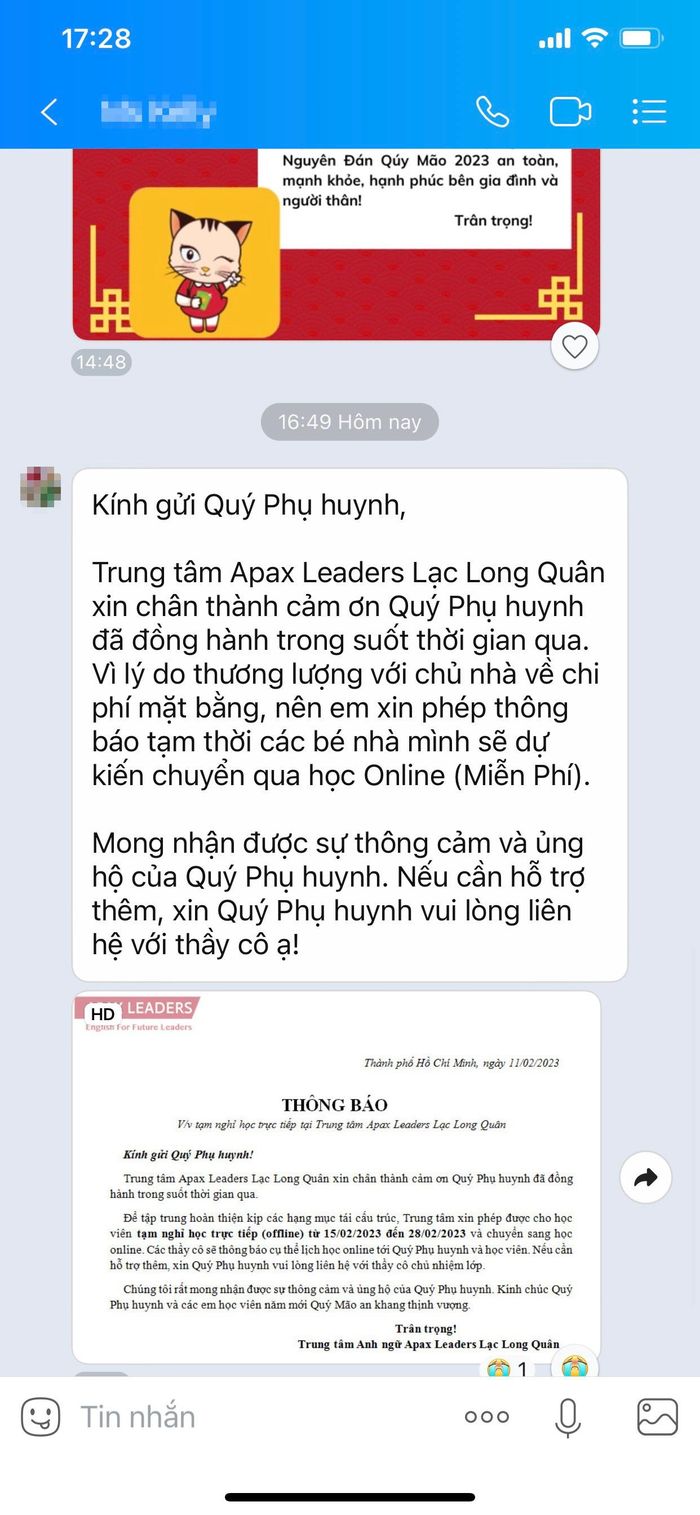 Thông báo trước Tết và sau Tết của Apax Leaders cơ sở Lạc Long Quân. Ảnh: PHCC.