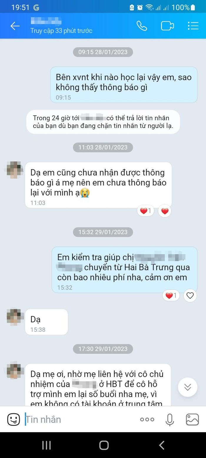 Phụ huynh có con học ở cơ sở Xô Viết Nghệ Tĩnh được thông báo học online từ ngày 3/1 nhưng trẻ chỉ được học một buổi duy nhất hôm 5/1. Ảnh: PHCC.