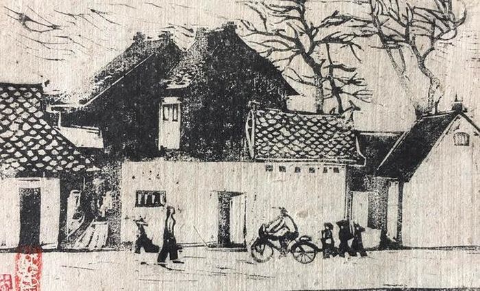 Tranh “Phố Cầu Giấy” (khắc gỗ, 1982) của Đỗ Đức