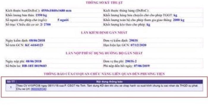 Xe bị phạt nguội khi có dòng thông báo phía trên.