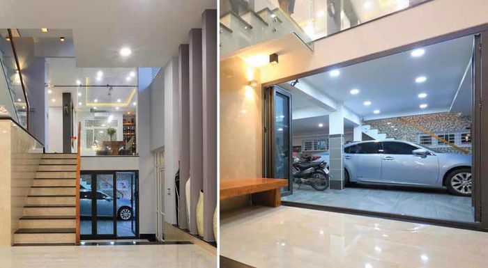 Nhà phố hiện đại với garage được bố trí lệch tầng so với phòng khách và bếp ăn để tăng hiệu quả sử dụng không gian