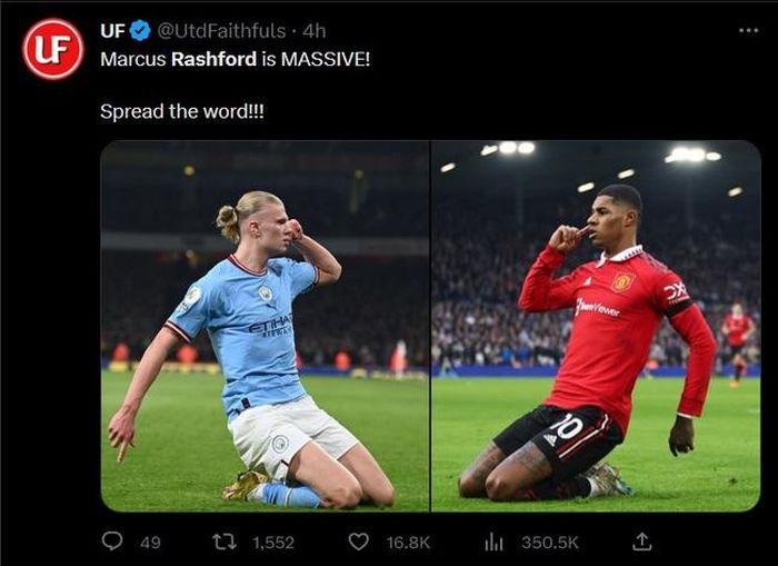 Trang United Faithfuls có nhiều bài so sánh cách ăn mừng của Rashford với Haaland