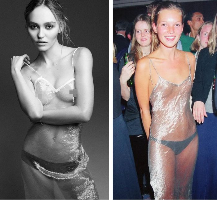 Lily-Ross tái hiện hình ảnh nổi tiếng của Kate Moss năm 1993. Ảnh: i-D/Getty Images.