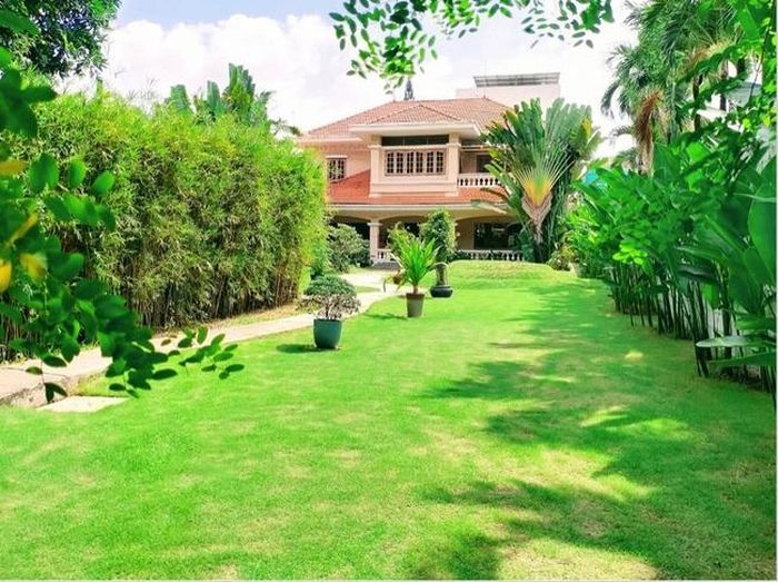 Ngôi trường với không gian xanh mướt cùng thảm cỏ trải dài, bao quanh bởi cây cối