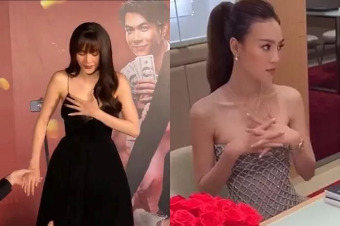 Lấy tay che ngực cũng là thói quen của mỹ nhân họ Ninh. Không chỉ độ ngắn của chân váy mà khoảng xẻ ngực thênh thang cũng khiến cô bất an.