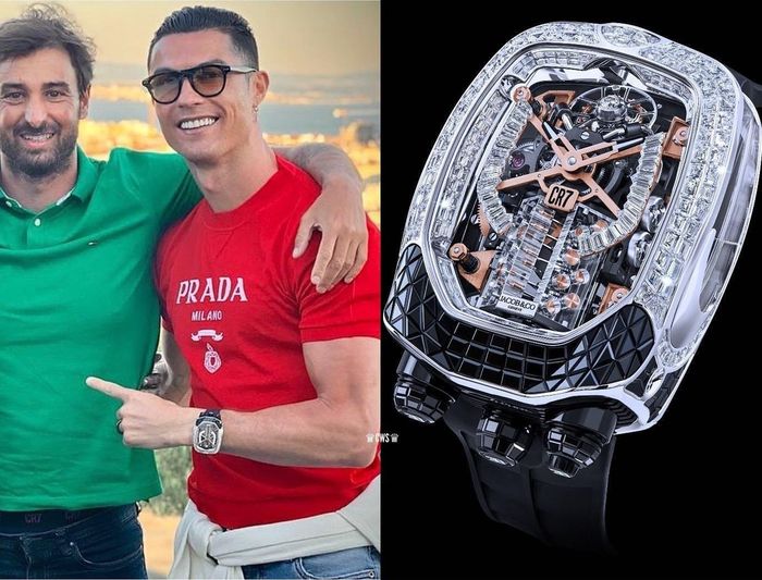 Trong danh sách những mẫu đồng hồ đắt nhất của Ronaldo, Jacob & Co. Bugatti Chiron CR7 gây chú ý khi có thiết kế tinh xảo. Thiết bị xem giờ được trang trí bằng gần 400 viên đá, nổi bật là 232 viên kim cương dáng baguette. Theo LuxuryLaunches, mẫu đồng hồ trị giá 1 triệu USD. Ảnh: celebwatchspotter.