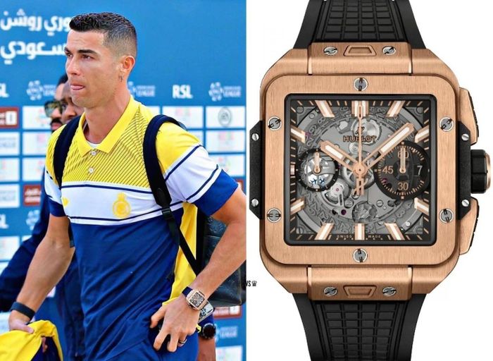 Đầu tháng 2, người hâm mộ bắt gặp Cristiano Ronaldo đeo đồng hồ vàng của Hublot. Kiểu dáng mặt số hình vuông giúp thiết bị trị giá 43.100 USD nhìn mạnh mẽ, trẻ trung. Hublot Square Big Bang Unico có mặt số 42 mm, vòng bezel làm bằng vàng 18K. Thiết bị chống nước 100 m, dự trữ năng lượng trong 72 giờ. Ảnh: celebwatchspotter.
