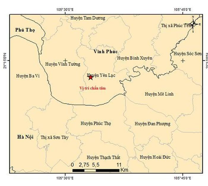 Vị trí tâm chấn xảy ra trận động đất sáng nay ở Vĩnh Phúc. Ảnh: Viện Vật lý Địa cầu.