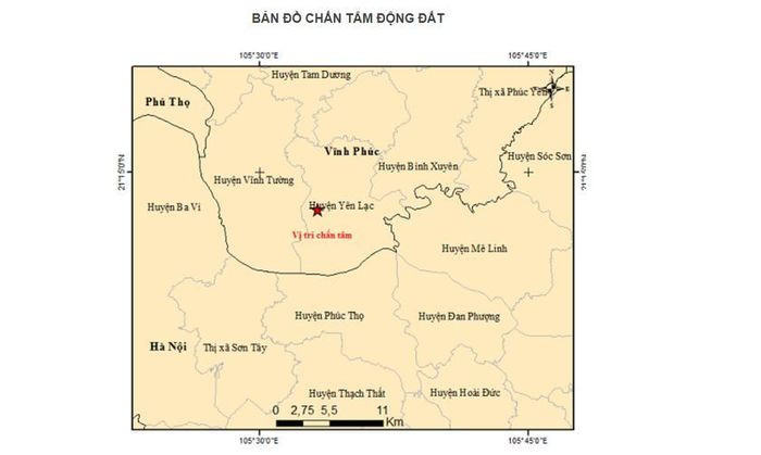 Vị trí xảy ra trận động đất ở Vĩnh Phúc. Ảnh: Viện Vật lý Địa Cầu