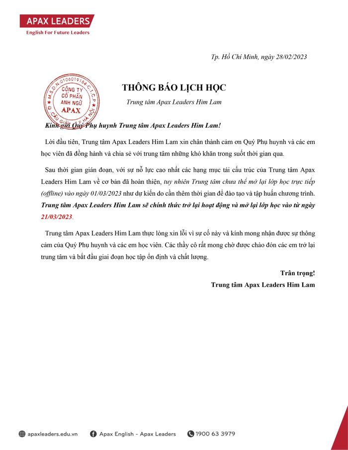 Thông báo đi học lại của cơ sở Him Lam. Ảnh: PHCC.