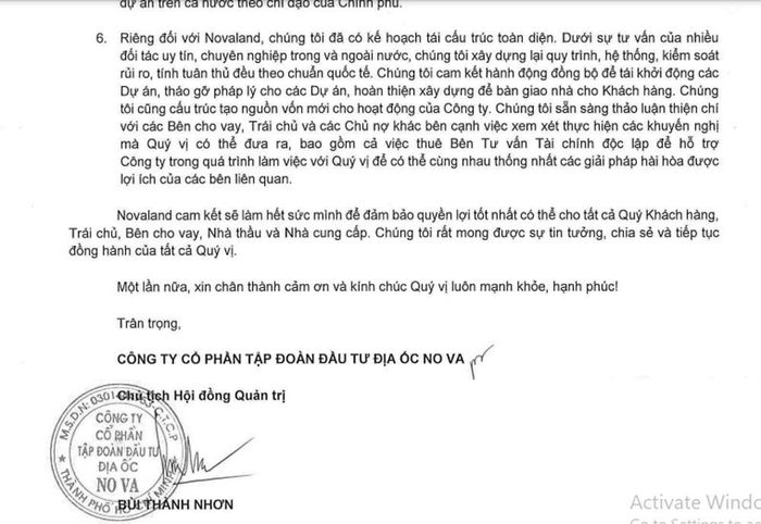 Ông Bùi Thành Nhơn viết tâm thư gửi các chủ nợ của Novaland. (Nguồn: NVL)