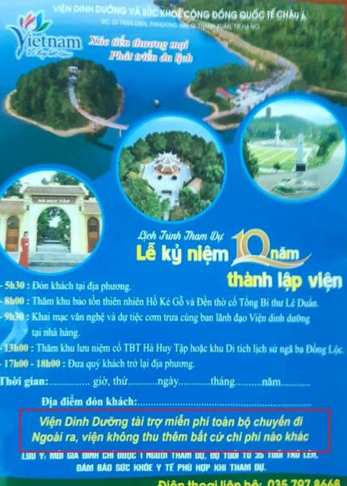 Thư mời ghi rõ tài trợ miễn phí chuyến tham quan nhưng lại bán hàng giá cao