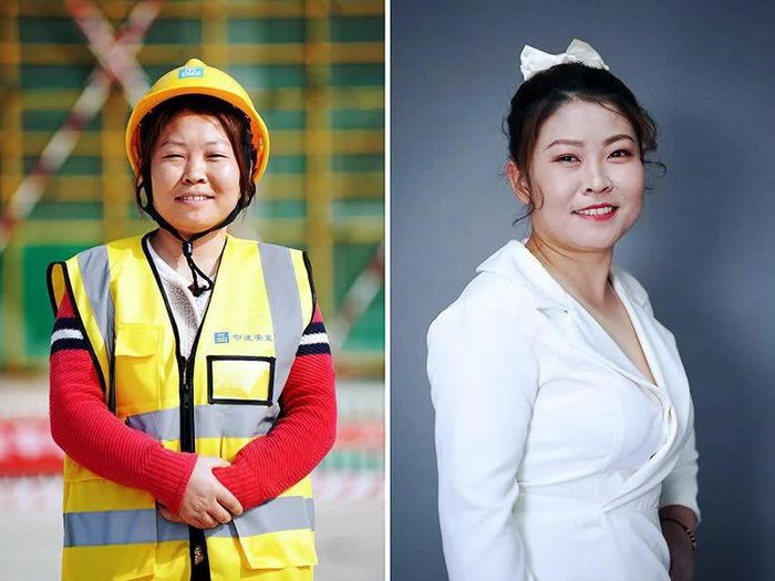 Một nữ công nhân xây dựng trong trang phục lao động hằng ngày và hình ảnh rực rỡ trong ngày 8/3. Ảnh: News.cn