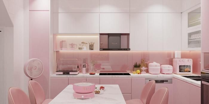 Toàn bộ không gian bếp được decor với tone màu hồng ấm