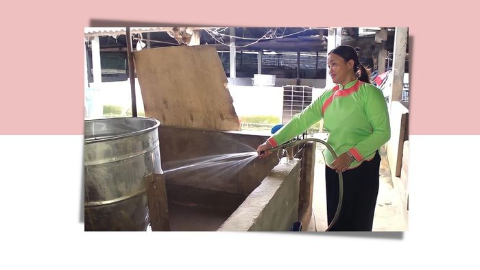 Chị Nhúc dọn dẹp vệ sinh chuồng trại chăn nuôi.