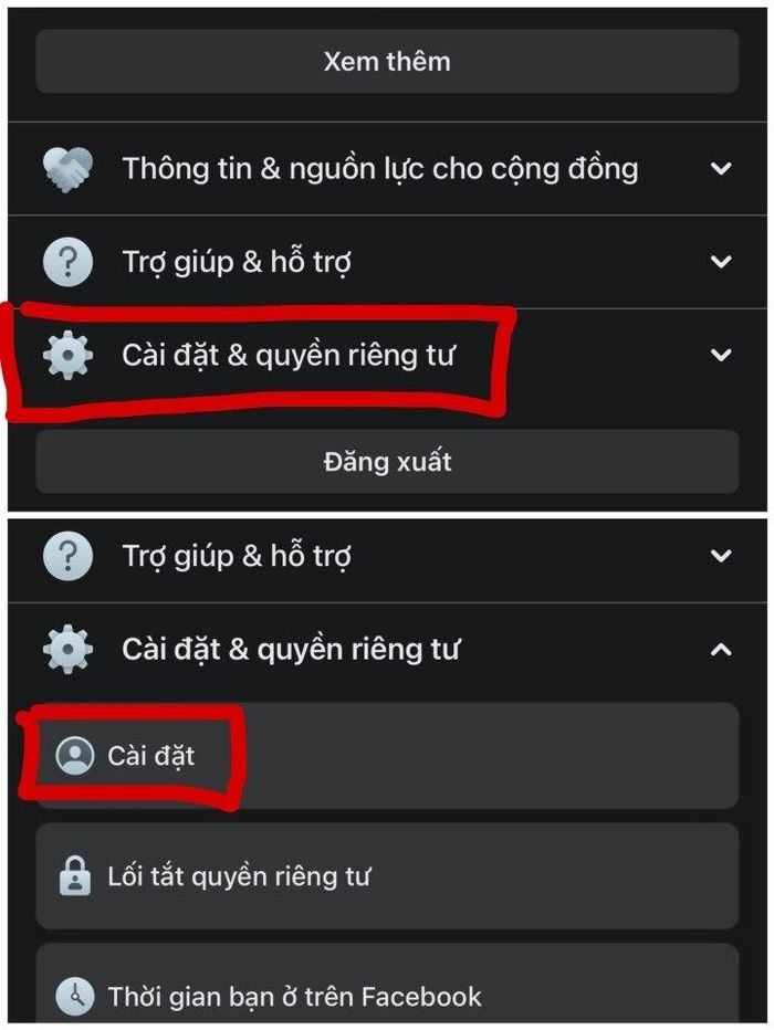 Đầu tiên bạn mở ứng dụng Facebook trên điện thoại rồi vào mục Cài đặt & quyền riêng tư chọn Cài đặt.