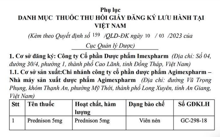 Thông báo thu hồi giấy đăng ký lưu hành đối với thuốc Prednison 5mg.