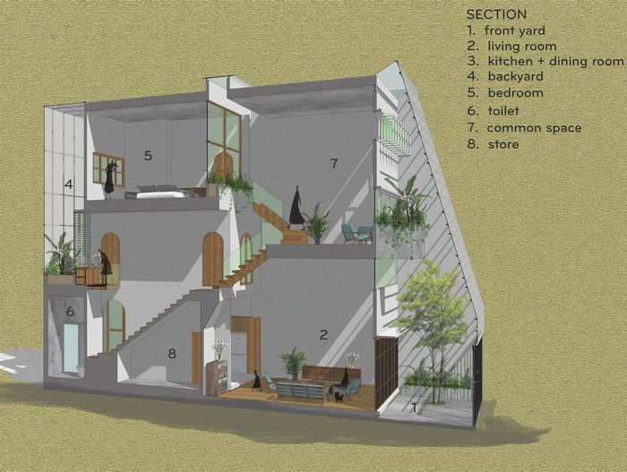 Trục giao thông trong nhà được bố trí theo chiều đứng để di chuyển xoay quanh ngôi nhà cùng những khoảng không gian đệm chuyển tiếp giúp kết nối, tăng cường sự tương tác giữa các thành viên trong gia đình.