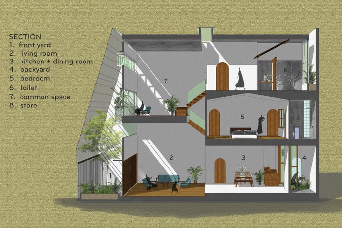Trước yêu cầu của chủ nhà, nhóm thiết kế đã tạo ra một lõi không gian sống ở giữa được bao bọc bởi 2 lớp không gian đệm là thiên nhiên, ánh sáng và gió tự nhiên, cùng với 2 lớp vỏ bọc bằng lưới kim loại có tác dụng như lớp rèm bảo vệ, điều tiết ánh sáng, gió và thị giác cảm nhận cảnh quan của con người.
