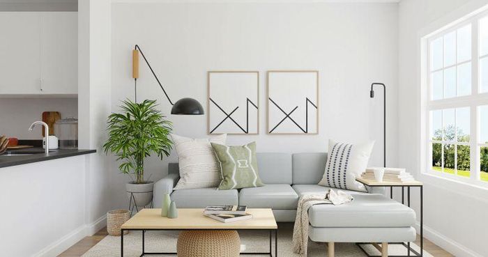 Phòng khách nhỏ với bộ ghế sofa dài thanh lịch, gam màu trẻ trung.