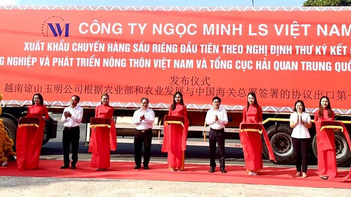 Nghi thức cắt băng xuất khẩu chuyến sầu riêng Cần Thơ sang Trung Quốc. Ảnh Hồng Thắm 