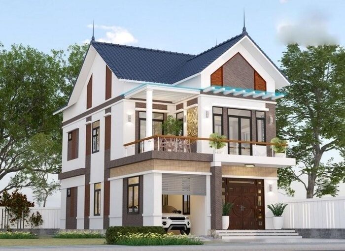 Thiết kế nhà mái thái 2 tầng có gara là xu hướng chủ đạo trong năm 2023. Gara không chỉ để xe mà có thể sử dụng làm nơi kinh doanh hay nhà kho. Phần gara ô tô được thiết kế khéo léo tạo điểm nhấn cho công trình. (Ảnh: Wedo)