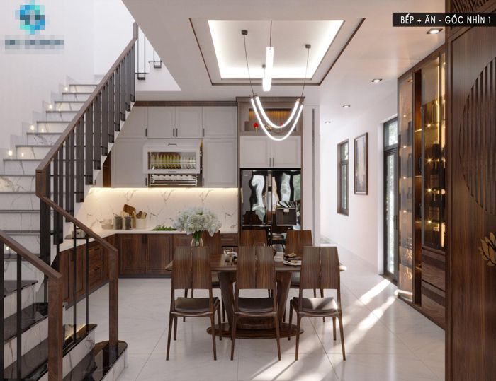 Tủ rộng cho gia chủ sưu tầm rượu trong bếp. Đây là khu trung tâm của cả gia đình tụ họp sau một ngày làm việc và học tập bên ngoài. Tiếp nối phía sau là phòng ngủ cho người già và một khoảng vườn nhỏ lấy sáng. 