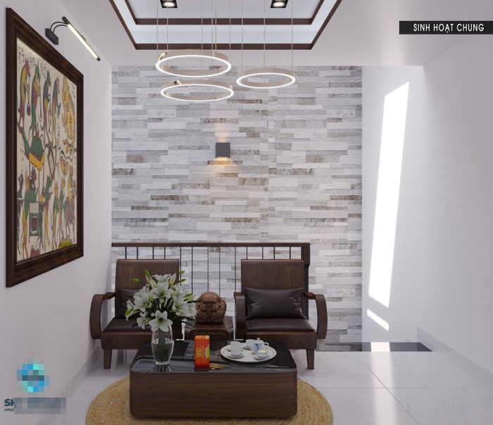 Sảnh chờ sắp đặt bộ bàn trà làm theo lối thời bao cấp với bộ sofa thùng nhỏ gọn. 