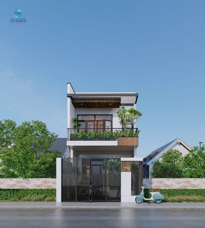 Mặt tiền ngôi nhà 2 tầng đơn giản, hàng hiên cản mưa nắng kết hợp cho cây leo lên tạo thành giàn. Ngay khi bước vào nhà là màu xanh thiên nhiên tràn ngập kết hợp hệ thống cửa kính lấy sáng. . 