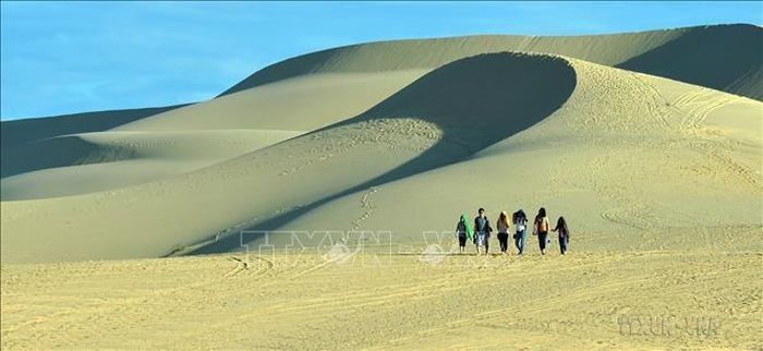 Ánh sáng hoàng hôn tạo cho đồi cát ở thôn Bình Nhơn, xã Hòa Thắng, huyện Bắc Bình những mảng sáng đầy quyến rũ. Ảnh: Thanh Hà/TTXVN