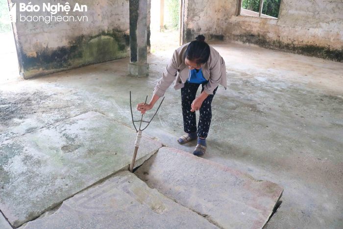 Giữa nhà Tây có căn hầm rộng khoảng 5m2 sâu khoảng 1,6m, đậy nắp bê tông. Cụ ông ở cạnh nhà Tây là chắt của bà Nguyễn Thị Đức cho biết, hầm này dùng để cất giữ tài sản trong nhà. Những năm trước, một số người lạ đến lén lút khiêng nắp hầm lên đào bới dưới đó, khiến nắp hầm bị vỡ. Hiện đi lại trên hầm khá nguy hiểm, có nguy cơ trượt chân rơi xuống hầm. Ảnh: Huy Thư