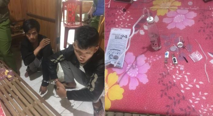 Hai đối tượng Hoàng và Thiết cùng tang vật.