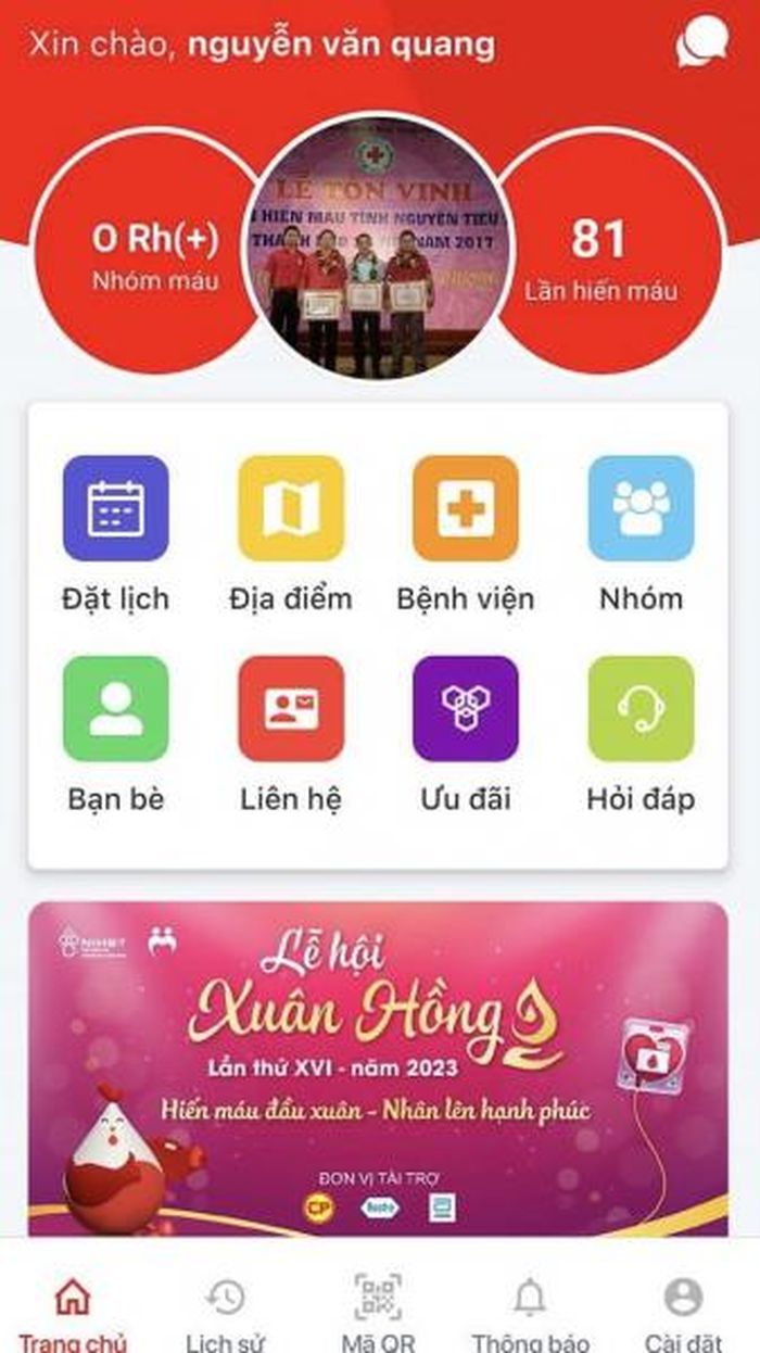 Ứng dụng thống kê số lần hiến máu của anh Quang.