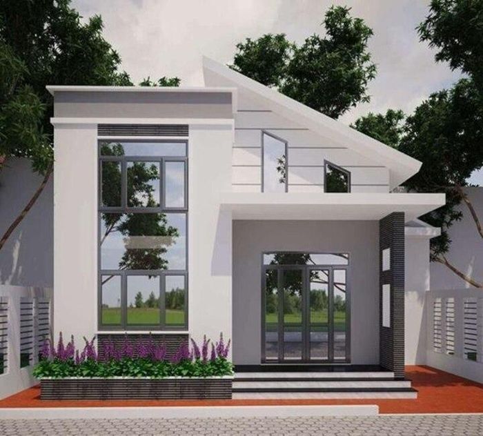 Nhà cấp 4 mái bằng kết hợp mái lệch mang dấu ấn mới lạ. Mỗi gian nhà đều có 2 mái nghiêng nhưng không chạy dài về một hướng và được đặt lệch theo hình khối cao thấp khác nhau. (Ảnh: Xaydungso)
