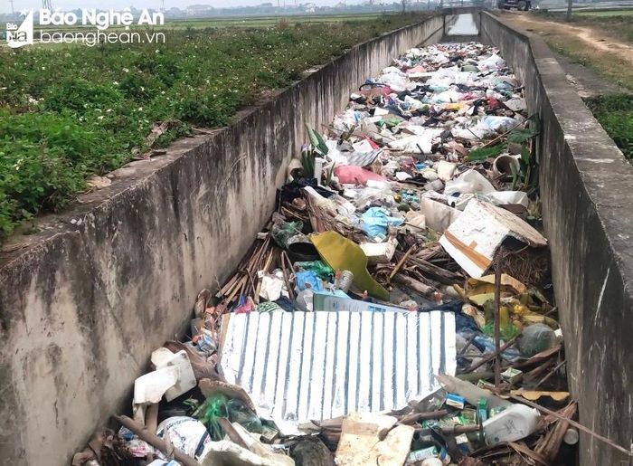 Đoạn kênh N13 qua xã Quỳnh Giang rác thải kín đặc kéo dài khiến công tác thu dọn rất khó khăn. Ảnh: Văn Trường